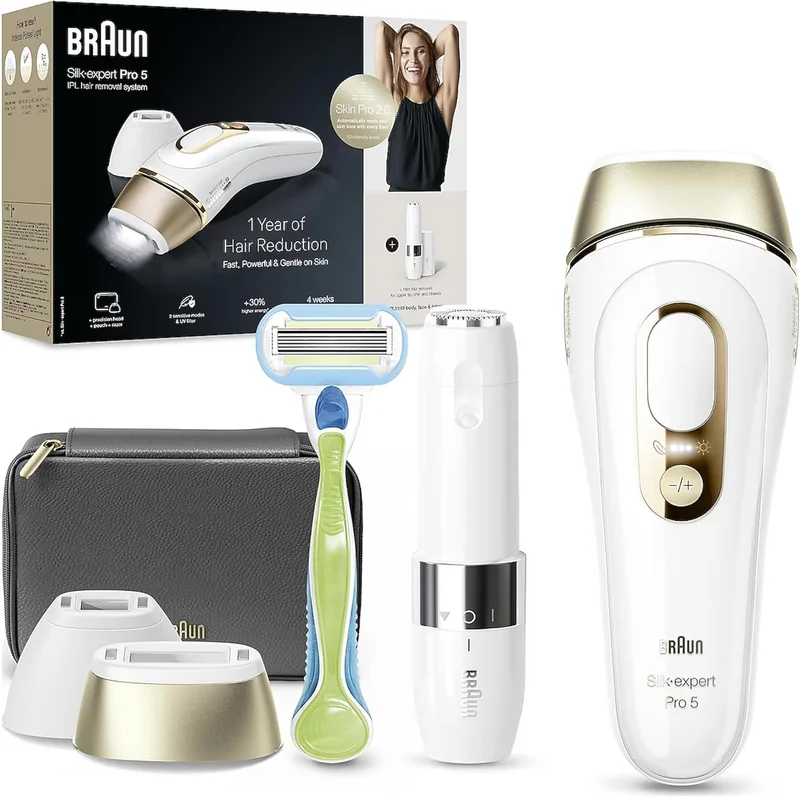Braun Silk-expert Pro 5, IPL Hair Removal Device, with 4 extras FS1000 Face Mini Hair Remover, Precision Head, Venus Razor and Soft Bag - PL 5146