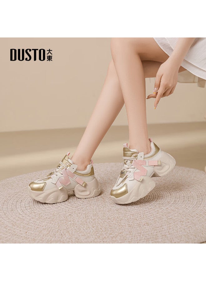 Dusto Women's Dad Sneakers Spring Autumn New Chunky Heel Lace-up Round Toe Color Patch 0741 Beige Size 37