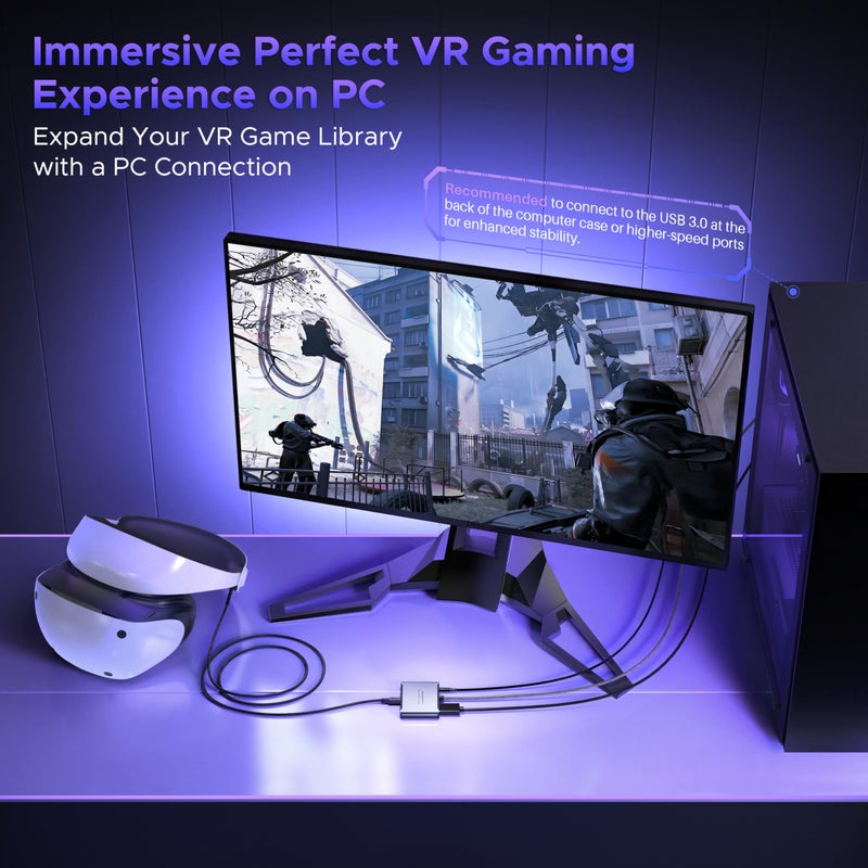 Warrky محول Warrky PSVR2 للكمبيوتر، ملحقات PSVR2 [هيكل من الألمنيوم، كابل مضفر من النايلون] متوافق مع PSVR2، نظارات الواقع المعزز، شاشة محمولة، كابل DP 1.4 ومصدر طاقة 15 واط متضمن - Image 3