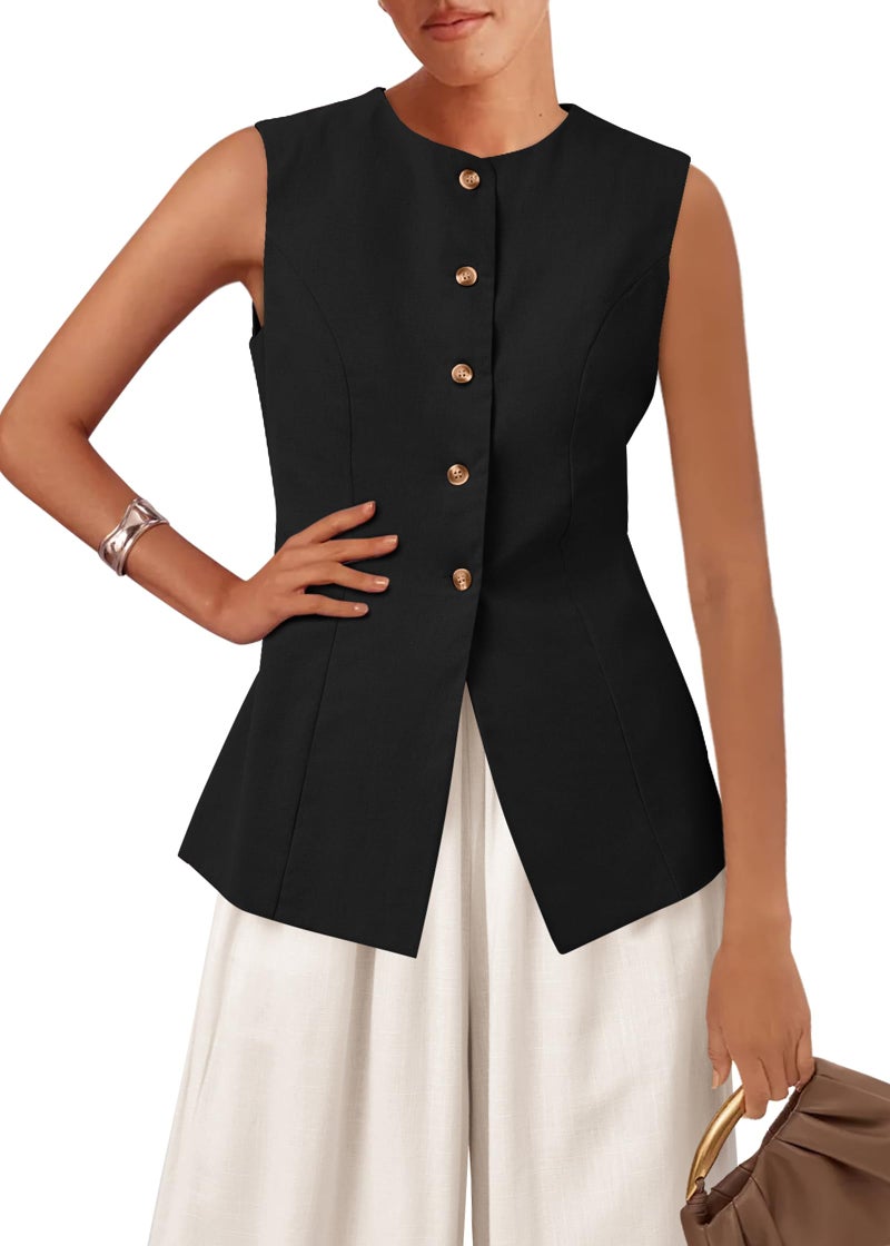 KIRUNDO Vest Tops for Women Trendy Dressy Business Casual Outfits 2026 Summer Sleeveless Fitted Blazer Work Suit Waistcoat(Black, Medium) - Image 1