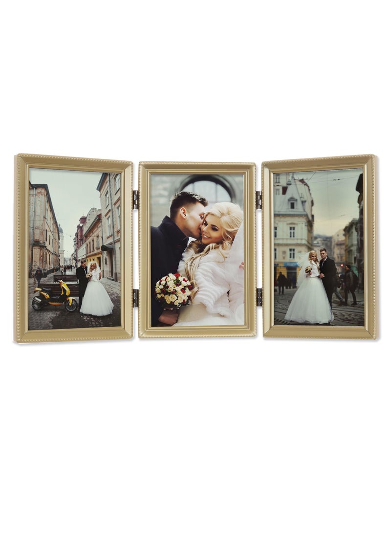 Lawrence Frames Lawrence Frames Antique Brass 4x6 Hinged Triple Picture Frame  Bead Border Design Satin Gold 