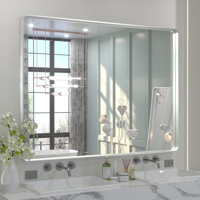 TETOTE 48 x 36 Inch Silver Mirrors for Bathroom Brushed Silver Framed Rectangular Modern Farmhouse Large Vanity Mirror for Wall Decor HorizontalVertical