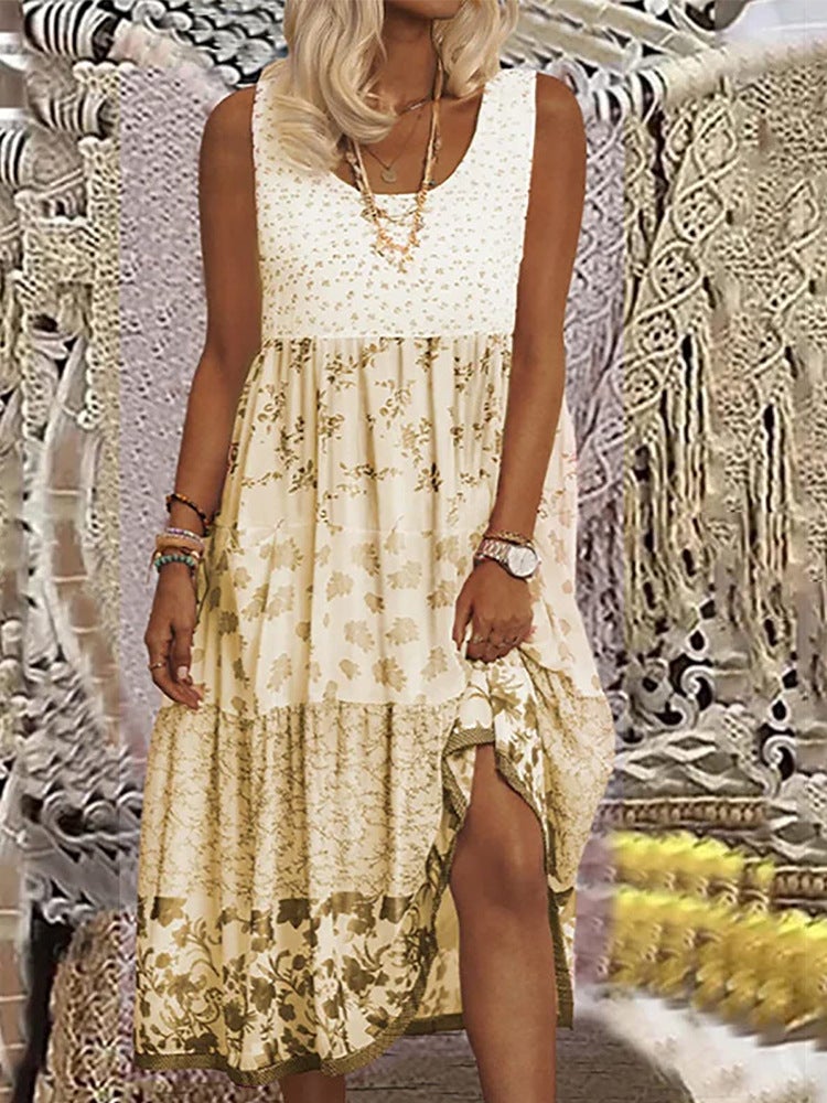 Plus Size Fashionable Summer Plus Size Womens Pullover Dress Printed U-Neck Rose Without Sleeves TEMU Independent Station Cl... Yellow  - Image 1