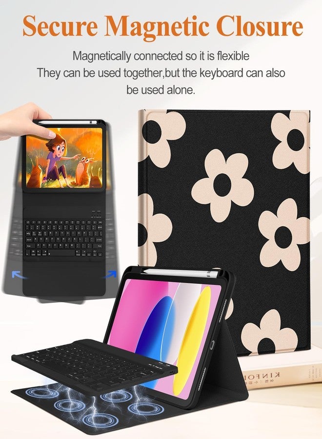 Wazzasoft for iPad 10th Generation Case with Keyboard Pencil Holder 10.9 Inch Folio Tablet Cover Women Girls Cute Girly Teens Kawaii Black Flower Unique Design for Apple Funda for iPad 10th gen - Image 4