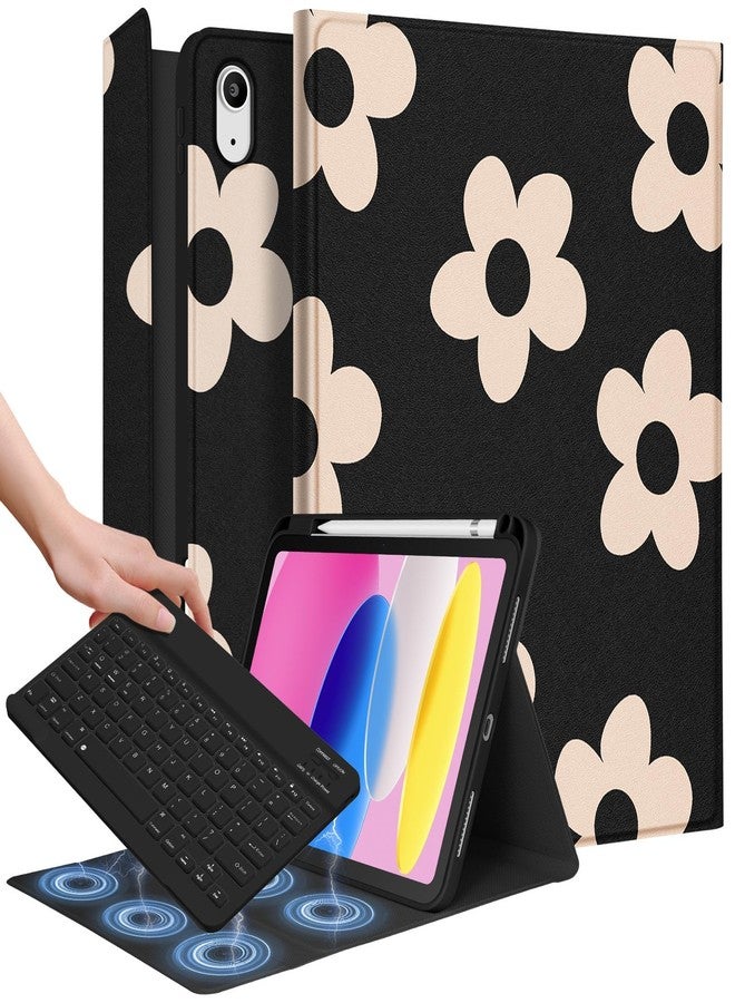 Wazzasoft for iPad 10th Generation Case with Keyboard Pencil Holder 10.9 Inch Folio Tablet Cover Women Girls Cute Girly Teens Kawaii Black Flower Unique Design for Apple Funda for iPad 10th gen - Image 1