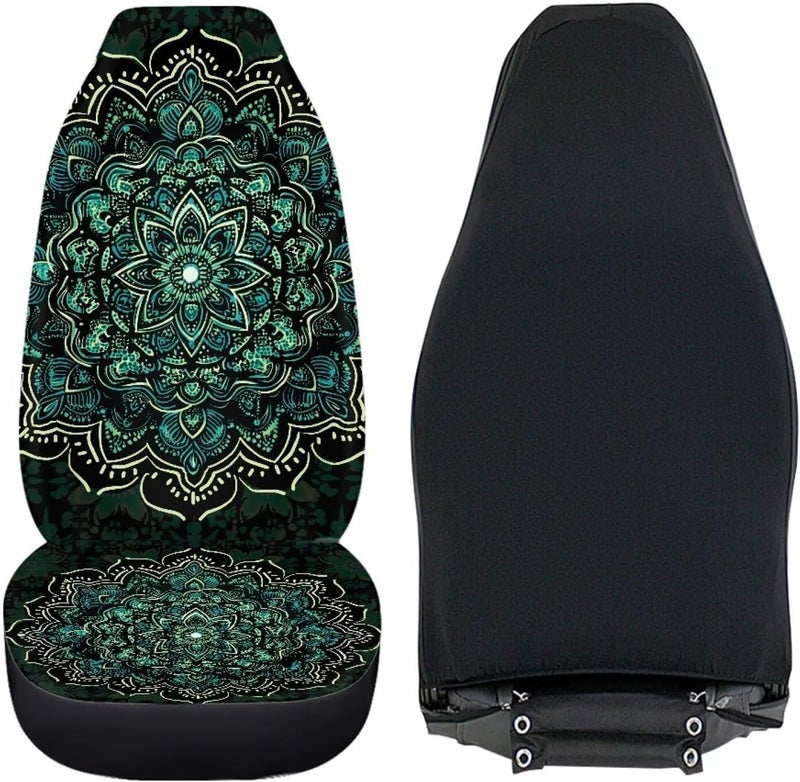 TOADDMOS Green Boho Mandala Front Seat Covers for Cars Full Wrapping Edge Captain Chair Seat Cover Comfort Saddle Blanket Cushion Cover Universal Fit for SUV Truck Sedan - Image 3