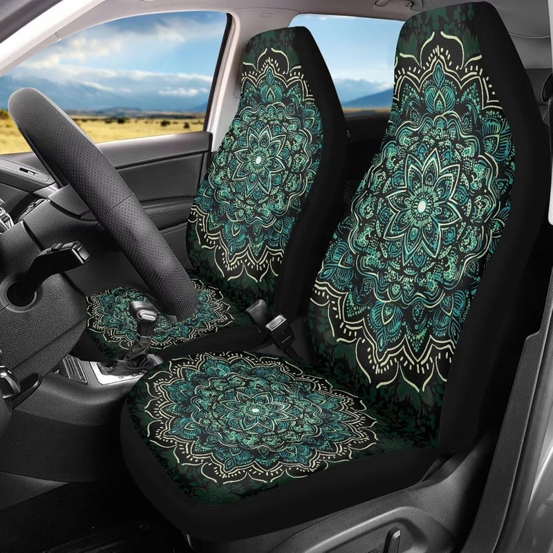 TOADDMOS Green Boho Mandala Front Seat Covers for Cars Full Wrapping Edge Captain Chair Seat Cover Comfort Saddle Blanket Cushion Cover Universal Fit for SUV Truck Sedan - Image 2