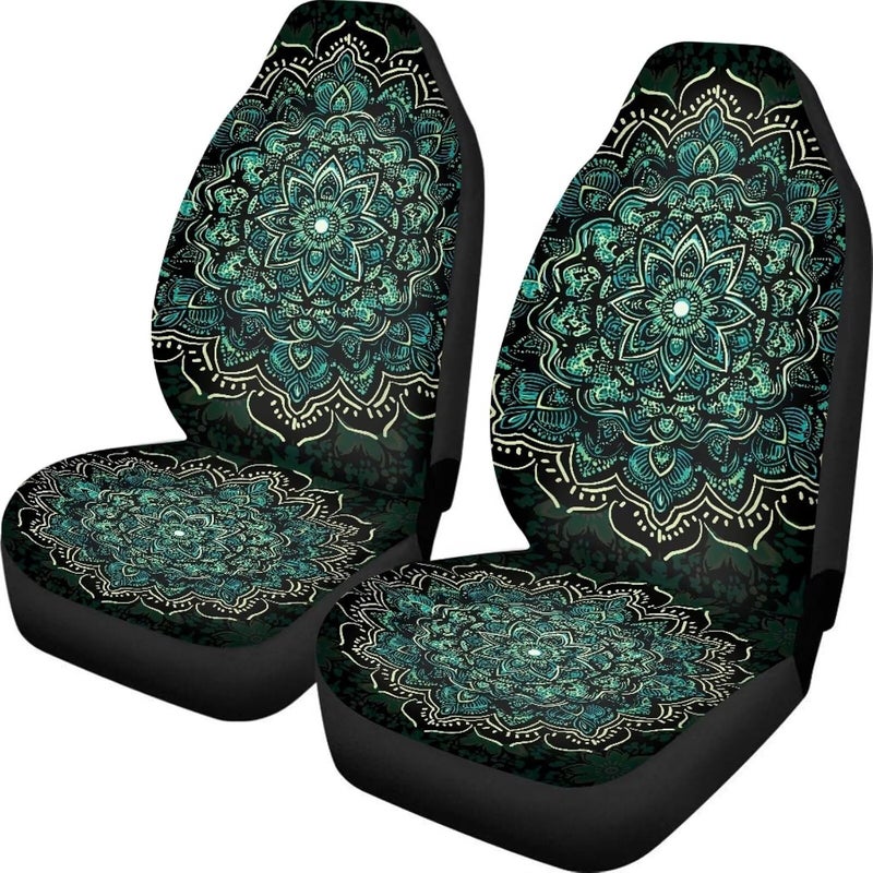 TOADDMOS Green Boho Mandala Front Seat Covers for Cars Full Wrapping Edge Captain Chair Seat Cover Comfort Saddle Blanket Cushion Cover Universal Fit for SUV Truck Sedan - Image 1