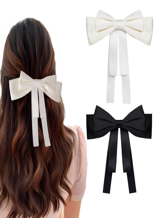 yeabwps 2 PCS Hair Bows for Women Silky Satin Hair Clips Black Beige Large Bows Metal Clips Hair Bows for Women & Girls Hair Accessories Aesthetic Ponytail Holder - Image 1
