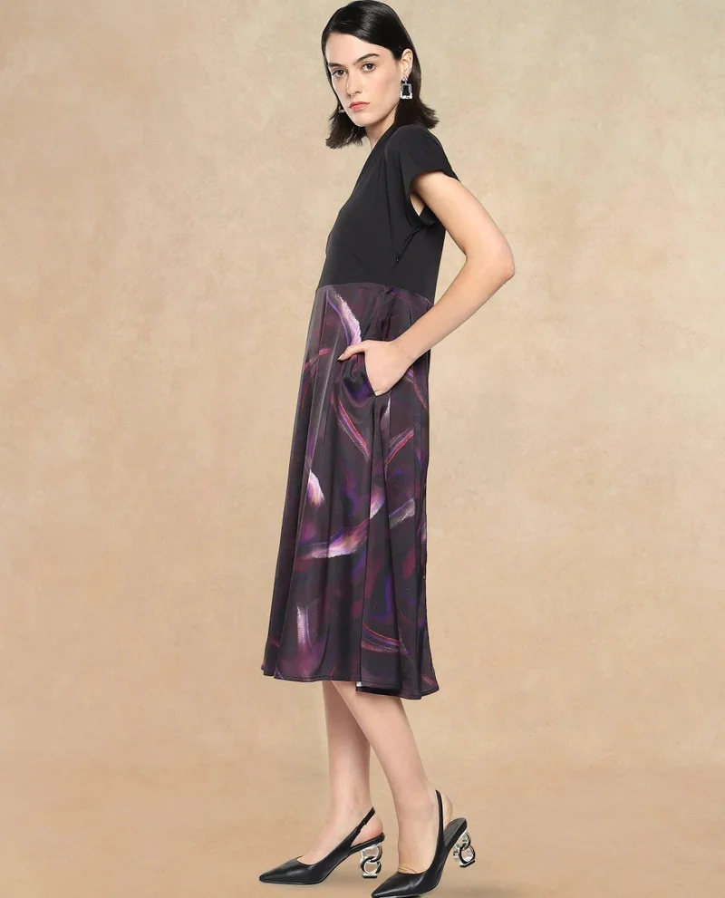 Rareism Women's Printed Midi Dress With Knit Top