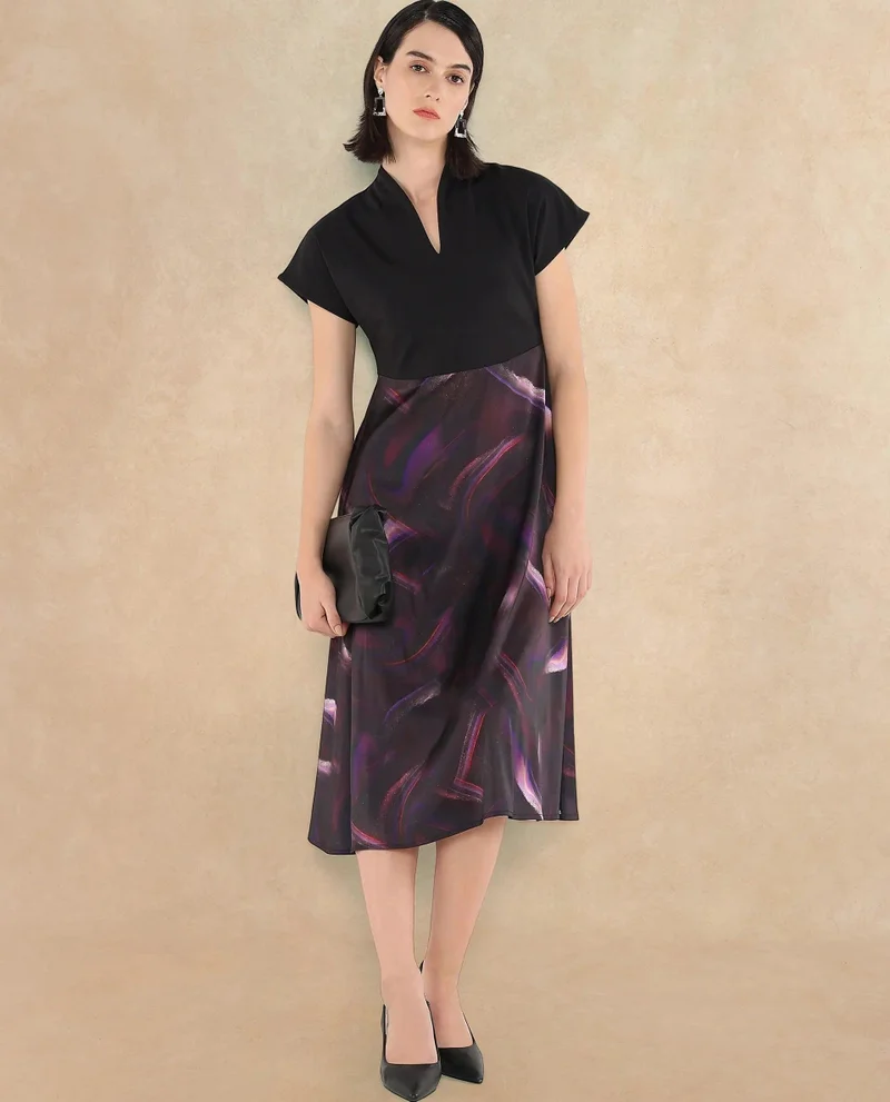 Rareism Women's Printed Midi Dress With Knit Top