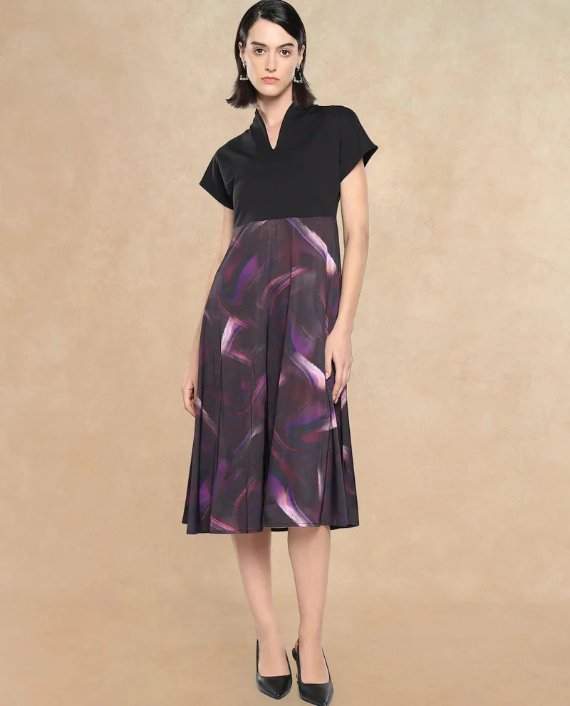Rareism Women's Printed Midi Dress With Knit Top