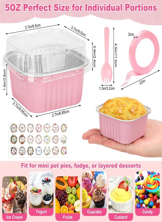LifeisLuck 60 Pack Mini Cake Pans with Lids and Spoons, 5oz Square Aluminum Foil Loaf Pans Pink Small Cake Tins Disposable Baking Pans Dessert Cupcake Cups with Ribbon Decals for Wedding Birthday Party Picnics - Image 3