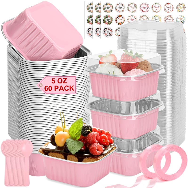 LifeisLuck 60 Pack Mini Cake Pans with Lids and Spoons, 5oz Square Aluminum Foil Loaf Pans Pink Small Cake Tins Disposable Baking Pans Dessert Cupcake Cups with Ribbon Decals for Wedding Birthday Party Picnics - Image 1