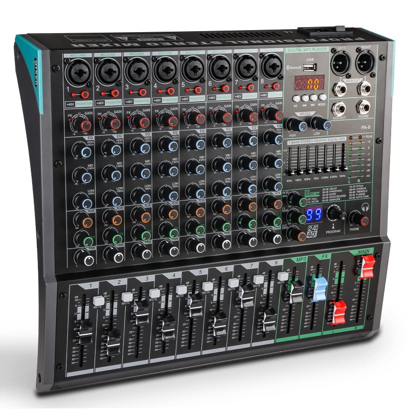 8 Channel Dj Mixer Dj Board for Pa Stage systems with 99 Kinds of DPS Digital EffectsEchoDelay EffectMicLine XLR635mm Input AUX UsbMP3 PlayerRecording Headphone JackPA8