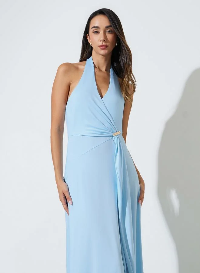 Styli Blue Solid Halter Neck A-Line Maxi Dress
