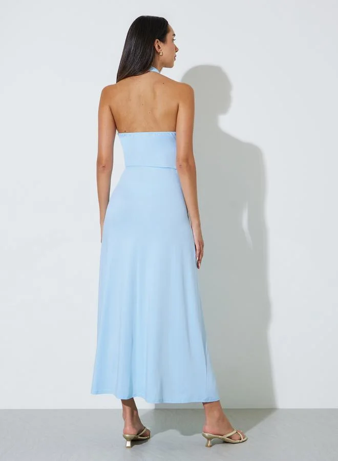Styli sky blue Blue Solid Halter Neck A-Line Maxi Dress for Women | Best Price UAE