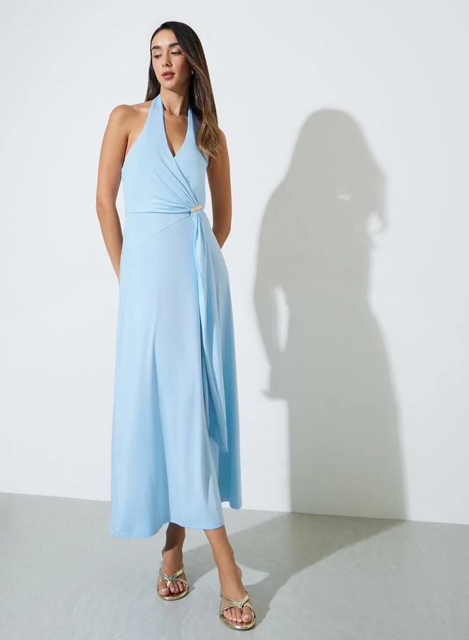 Styli Blue Solid Halter Neck A-Line Maxi Dress
