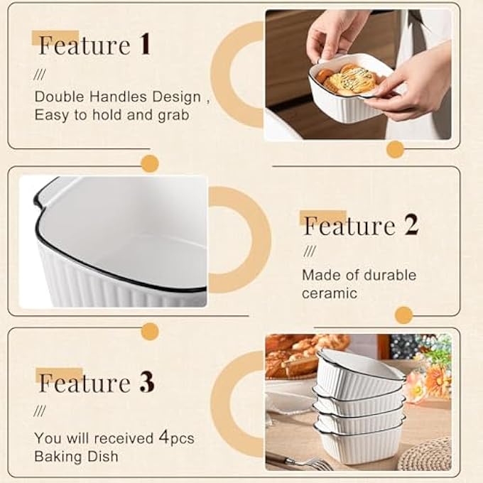 ريحني طبق خبز خزفي بحجم 13 أونصة، أطباق صغيرة من 4 عبوات، طبق فطيرة مربع فردي مع مقابض، أدوات خبز خزفية للميكروويف، مقلاة هوائية آمنة - Image 5
