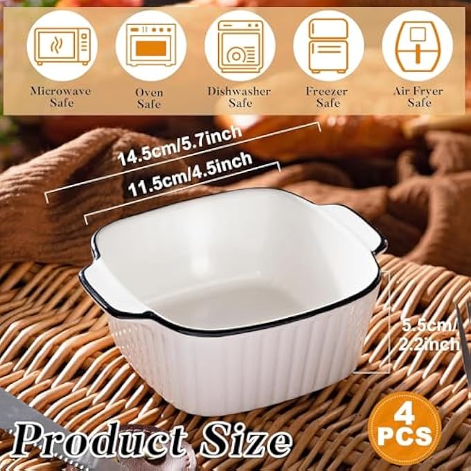 ريحني طبق خبز خزفي بحجم 13 أونصة، أطباق صغيرة من 4 عبوات، طبق فطيرة مربع فردي مع مقابض، أدوات خبز خزفية للميكروويف، مقلاة هوائية آمنة - Image 4