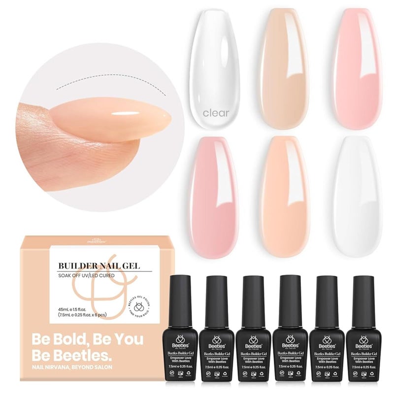 beetles Builder Gel 6 Colors 7 in 1 Strengthener Gel Clear Nude Pink Milky White Hard Gel Nail Extension Gel Rhinestone Gel Nail Glue Art Base Gel Needed