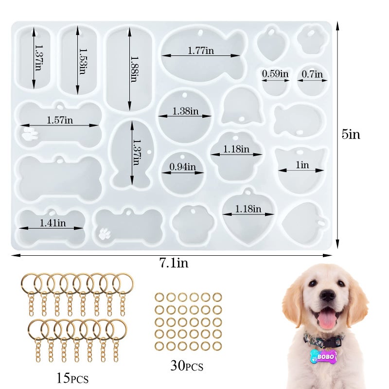 Actvty Pet Tag Resin Mold Silicone, Dog Tag Molds for Resin, Dog Bone Cat Shaped Keychain Silicone Resin Molds with 15Pcs Keychains DIY Crafts Making Tag Charm Pendant - Image 2