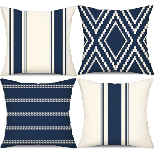 DFXSZ Outdoor Pillow Covers 18x18 Inch Set of 4 Navy Blue Waterproof Modern Geometry Throw Pillows Outdoor Summer Waterproof Decor for Patio Funiture Garden Polyester Cushion Covers 013N18 - Image 1