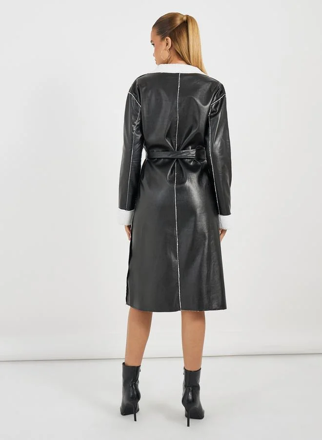 Styli Regular Fit Leather Look Trench with Faux Fur Lining