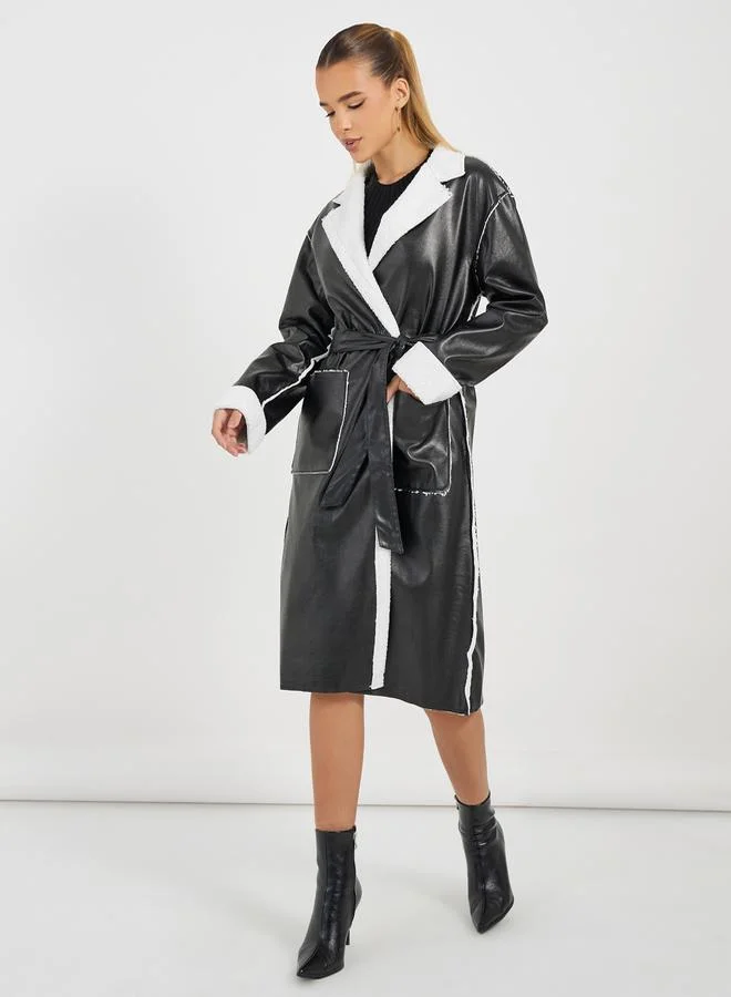 Styli Regular Fit Leather Look Trench with Faux Fur Lining