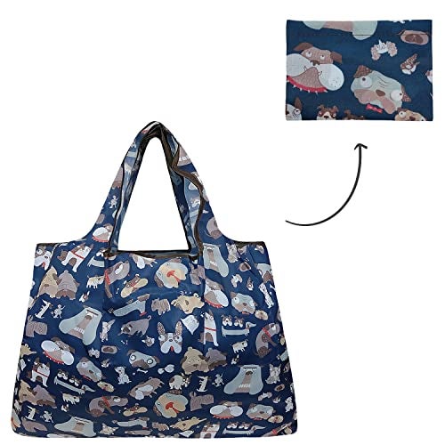 allydrew Large Foldable Tote Nylon Reusable Grocery Bag, Navy Dogs - Image 4