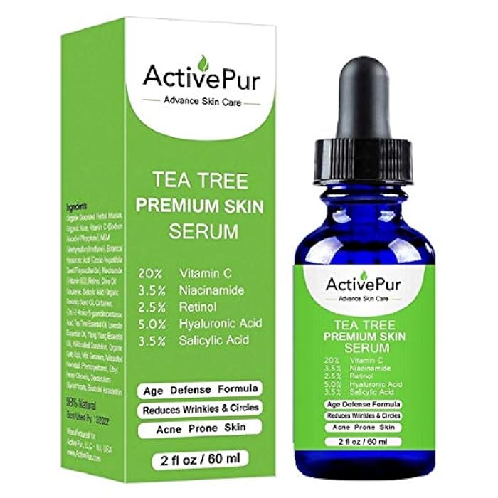 ActivePur Premium TEA TREE SERUM (Big Size 2 Oz/60 ml) Oil for Acne, 20% Vitamin C & B3 MSM Hyaluronic Acid Retinol Salicylic Acid Niacinamide Acne Scar Treatment Anti Aging Wrinkle Dark Spots Blemishes Pimple - Image 1