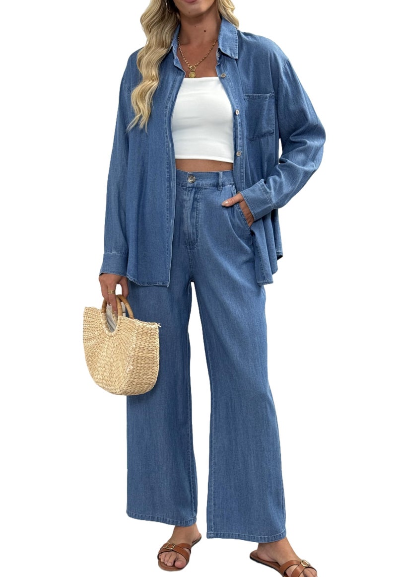 heipeiwa Women's 2 Piece Sets Denim Outfits Lightweight Long Sleeve Button Down Shirts Wide Jean Pant Sets Tracksuit - Image 1