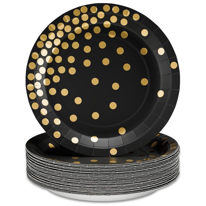 PAPER PLATE 80 PACK BLACK AND GOLD POLKA DOTS 7 INCH DISPOSABLE PLATES ROUND CASUAL ALL SEASONS FOR PARTIES AND CELEBRATIONS
