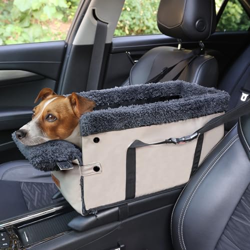 BONTHEE Center Console Dog Car Seat for Small DogsPU Leather Small Dog Car Booster SeatWashable Foldable Puppy Car Seat with Safe Protection Hooks Adjustable Straps and Storage Pocket Pet Up to 15lbs - Image 1
