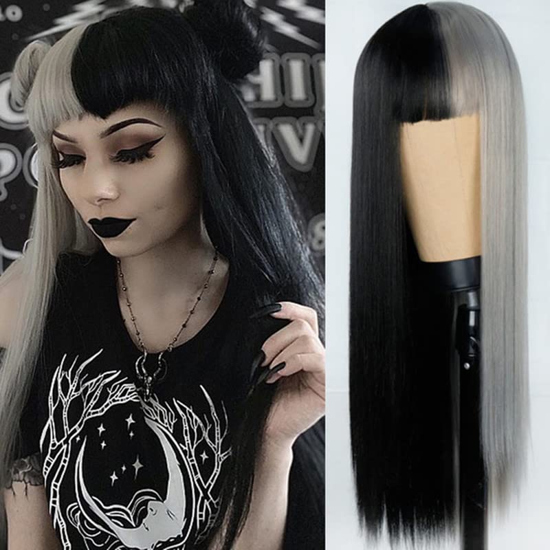 Swiking Grey and Black Long Straight Women Wigs with Bangs Hair Natural Synthetic Wig for Women Half Grey Half Black
