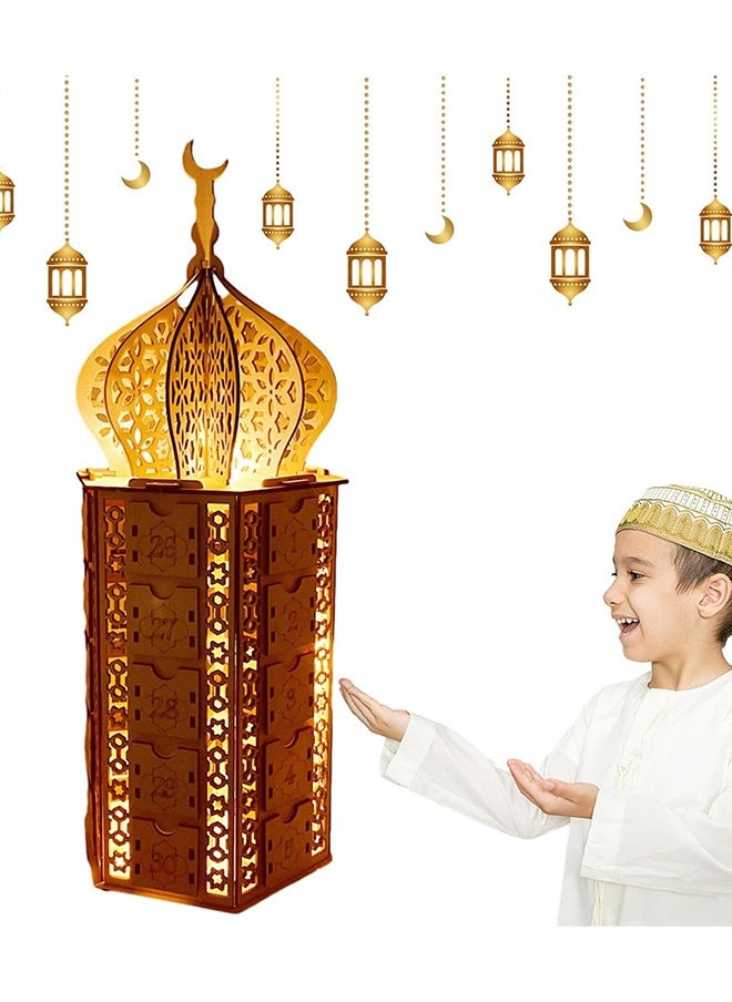 بيوينتي تقويم العد التنازلي لرمضان DIY مع 30 درج تخزين هدية رمضان الإسلامية، أضواء رمضان LED لتزيين المنزل في رمضان  - Image 1