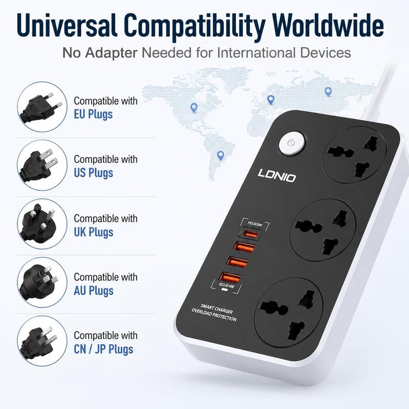 MANTO Universal Power Strip with 3 Sockets, 4 USB (1 x USB-C PD 20 W, 3 x USB-A QC 3.0 18 W), 900J Surge Protection, Child Lock, 2 m Copper Cable - Ideal for Home, Office and Travel - Image 3