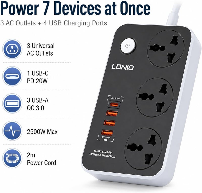 MANTO Universal Power Strip with 3 Sockets, 4 USB (1 x USB-C PD 20 W, 3 x USB-A QC 3.0 18 W), 900J Surge Protection, Child Lock, 2 m Copper Cable - Ideal for Home, Office and Travel - Image 2