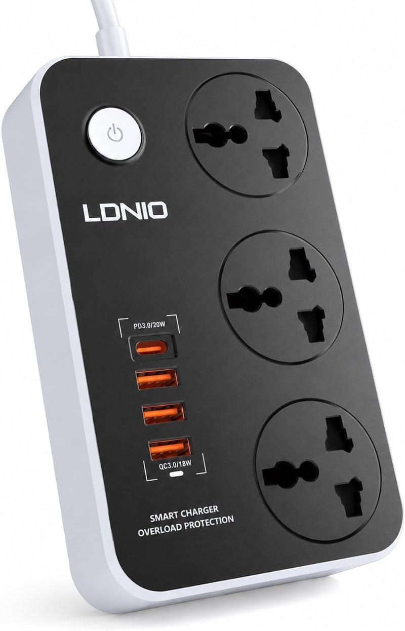 MANTO Universal Power Strip with 3 Sockets, 4 USB (1 x USB-C PD 20 W, 3 x USB-A QC 3.0 18 W), 900J Surge Protection, Child Lock, 2 m Copper Cable - Ideal for Home, Office and Travel - Image 1