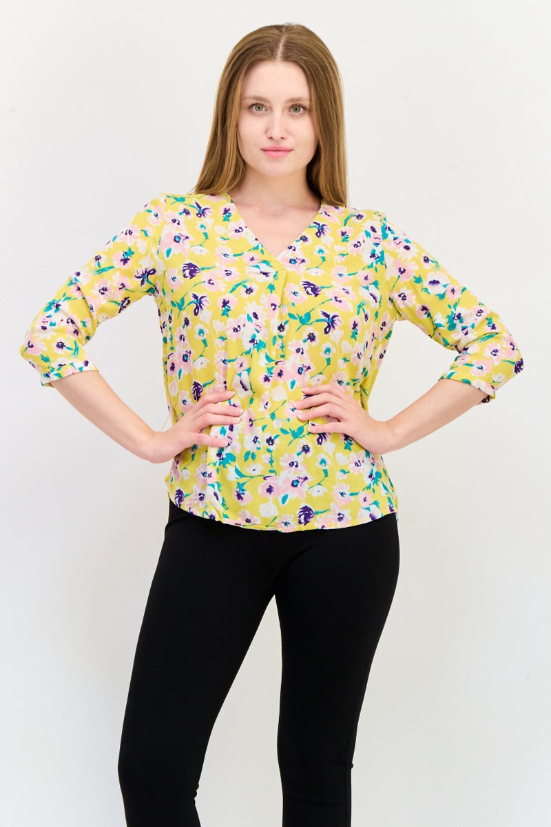 ONLY بلوزة نسائية بأكمام طويلة وفتحة على شكل حرف V بطبعة زهور، متعددة الألوان - Image 1