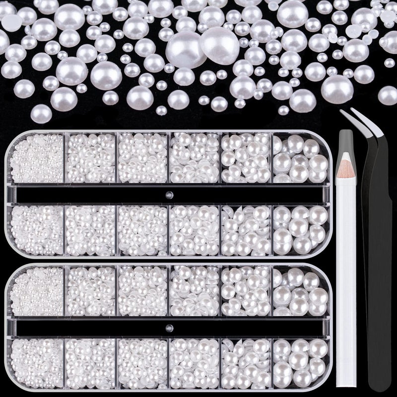 Belleboost Flat Back Pearls Kits 2 Boxes of Flatback White Half Round Pearls with Pickup Pencil and Tweezer for Home DIY and Professional Nail Art, Face Makeup and Craft - Image 1
