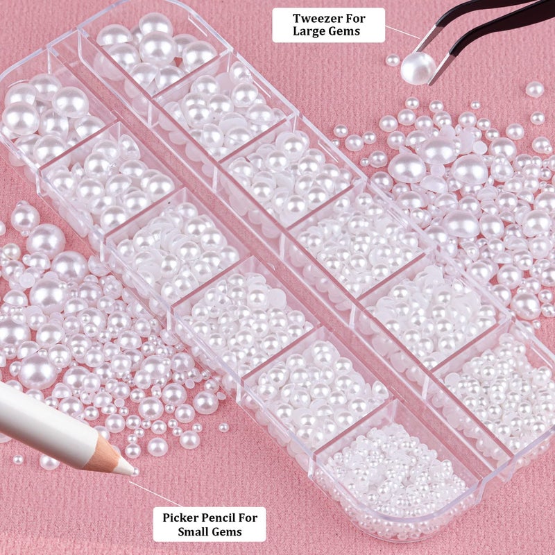 Belleboost Flat Back Pearls Kits 2 Boxes of Flatback White Half Round Pearls with Pickup Pencil and Tweezer for Home DIY and Professional Nail Art, Face Makeup and Craft - Image 3