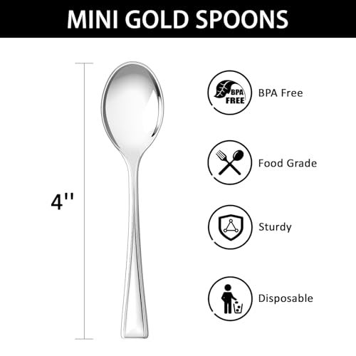 Qeirudu 4 Inch Silver Plastic Mini Spoons, 100 Pack Heavy Duty Small Tasting Spoons for Party Dessert Shooters, Appetizers, Ice Creams, Food Samples, Puddings - Image 2