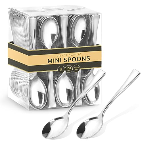 Qeirudu 4 Inch Silver Plastic Mini Spoons, 100 Pack Heavy Duty Small Tasting Spoons for Party Dessert Shooters, Appetizers, Ice Creams, Food Samples, Puddings - Image 1
