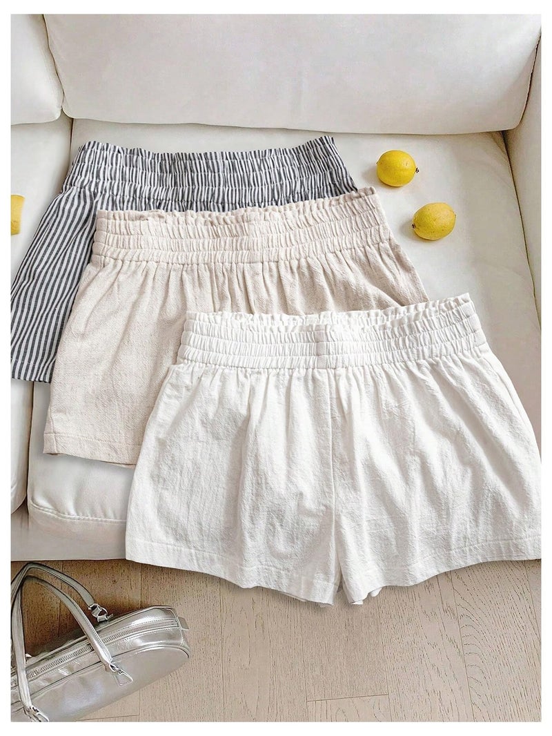WDIRARA Women's 3 Pack Linen Shorts Elastic Waist Comfy Soft Lounge Shorts Beige White Black Large - Image 2