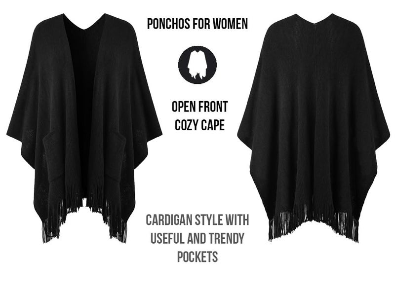 Ferand Shawl Wraps for Women, Cozy Lightweight Poncho Cape with Pockets, Warm for Fall Winter Travel, Black - Image 4