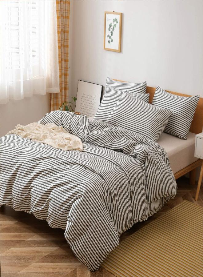 JELLYMONI 100% Natural Cotton 2pcs Striped Duvet Cover Sets,White Duvet Cover with Dark Grey Stripes Pattern Printed Comforter Cover,with Zipper Closure & Corner Ties(Twin Size) - Image 2