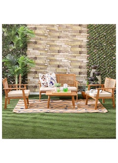 DANUBE HOME Havana 4 Seater Outdoor Sofa Set Wooden Frame Garden Furniture Modern Design Lounge Sofa Sets 4 Pieces Outdoor Seating Table And Chairs Set For Patio Balcony Lawn Yard Brown  - Image 1