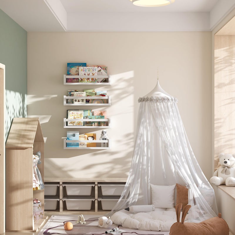 Onlysky Set of 4 Wall-Mounted Kid's Bookshelf - White Floating Nursery Book Shelves - Durable Wood Construction - Ideal for Nursery Decor, Kids Room, Toy Storage - Image 3