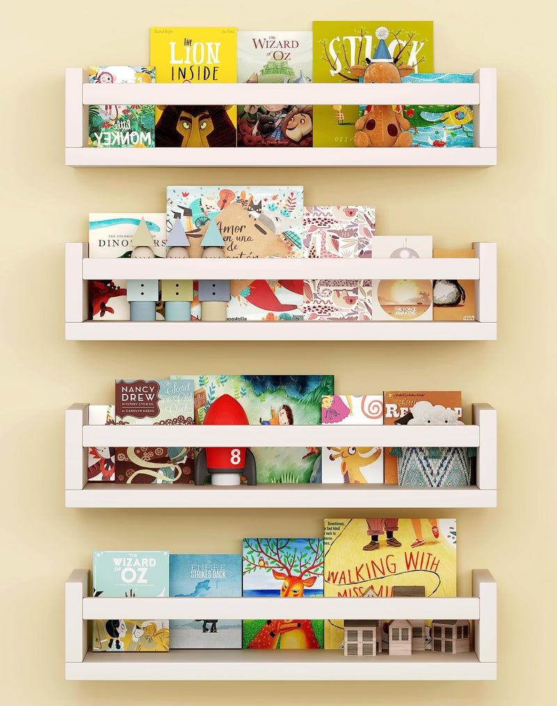 Onlysky Set of 4 Wall-Mounted Kid's Bookshelf - White Floating Nursery Book Shelves - Durable Wood Construction - Ideal for Nursery Decor, Kids Room, Toy Storage - Image 1